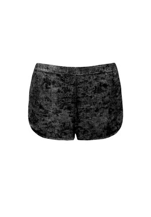 Czarne szorty z aksamitnego materiału o miękkiej fakturze, zaokrąglonym końcu i minimalnych szwach, charakteryzujące się gładkim wykończeniem i średnią długością.