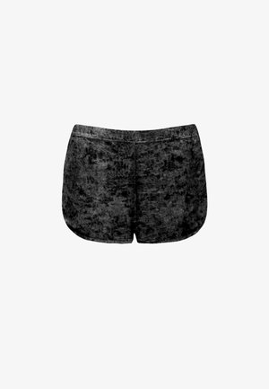 Czarne szorty z aksamitnego materiału o miękkiej fakturze, zaokrąglonym końcu i minimalnych szwach, charakteryzujące się gładkim wykończeniem i średnią długością.