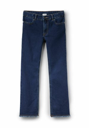 Tmavě modré džíny z denimu se střihem rovného nohavice, třepeným lemem, klasickým pěti kapsovým stylem a kontrastními švy.