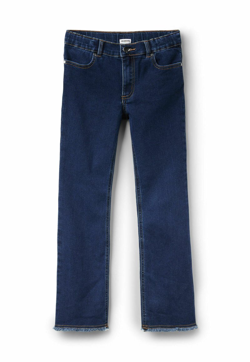 Tmavě modré džíny z denimu se střihem rovného nohavice, třepeným lemem, klasickým pěti kapsovým stylem a kontrastními švy.