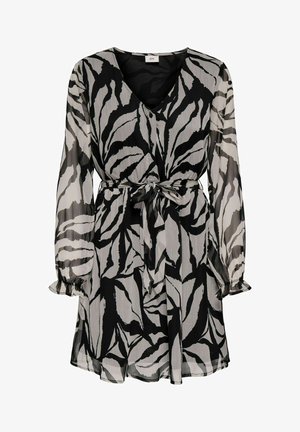 Melnā un pelēkā abstraktā zebra raksta garām piedurknēm kleita ar V veida kakla izgriezumu, pogu priekšu un jostu ar saitēm.