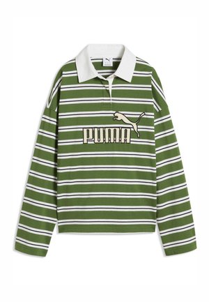 Polo z długim rękawem w zielono-białe paski, z białym kołnierzykiem i dużym logo Puma na piersi.