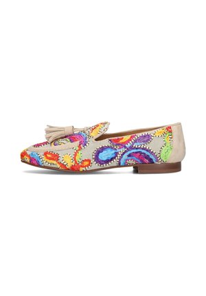Geborduurde platte schoenen van stof met kleurrijke krullen in rood, blauw, groen en geel, voorzien van een beige suède hak en een strikaccent.