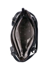 Sac à main en cuir texturé noir avec fermeture zippée, présentant un intérieur beige avec un motif géométrique et plusieurs compartiments pour l'organisation.