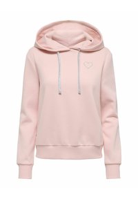 Rosa hettegenser laget av mykt stoff, med snorhette, ribbestrikkede ermer og en liten sølvhjertesting på brystet.