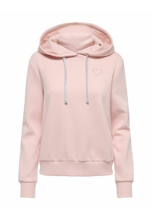 Felpa rosa realizzata in morbido tessuto, dotata di cappuccio regolabile con cordino, polsini a coste e un piccolo ricamo a forma di cuore argentato sul petto.