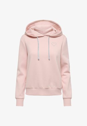 Roze hoodie van zacht materiaal, met een trekkoordcapuchon, geribde manchetten en een kleine zilveren hartborduring op de borst.