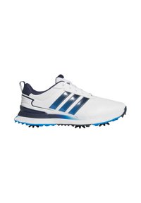 Scarpe da golf bianche con accenti blu navy e blu, caratterizzate da una tomaia strutturata, tre strisce blu e una suola antiscivolo con tacchetti.