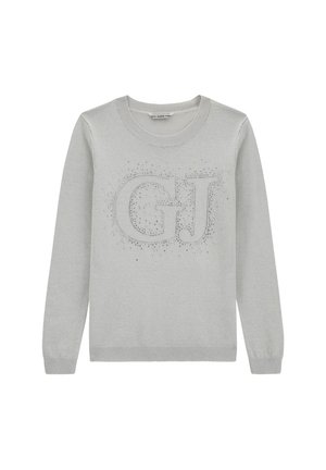 Jasnoszary sweter z długim rękawem z logo "GJ" wykonanym z małych ćwieków z przodu oraz okrągłym prążkowanym dekoltem i mankietami.