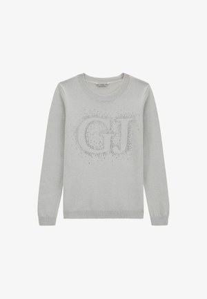 Pull gris clair à manches longues avec logo "GJ" en petits clous sur le devant et encolure ronde côtelée avec poignets.