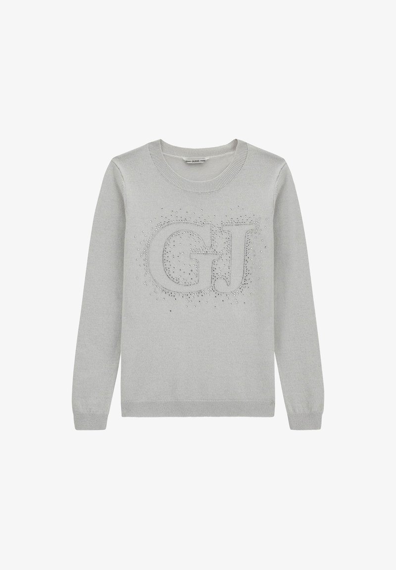 Pull gris clair à manches longues avec logo "GJ" en petits clous sur le devant et encolure ronde côtelée avec poignets.