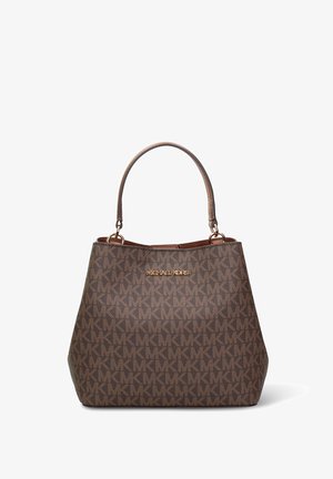Borsa a mano in pelle marrone con motivo monogramma texturizzato e logo "MICHAEL KORS" in tono oro. Presenta doppi manici e una forma strutturata.