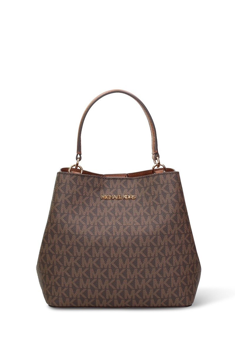 Borsa a mano in pelle marrone con motivo monogramma texturizzato e logo "MICHAEL KORS" in tono oro. Presenta doppi manici e una forma strutturata.
