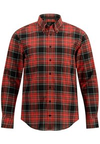 Rot und schwarz karierter Langarmhemd mit Button-Down-Kragen, vorderen Knöpfen und abgerundetem Saum. Hergestellt aus leichtem Stoff, mit strukturiertem Muster.