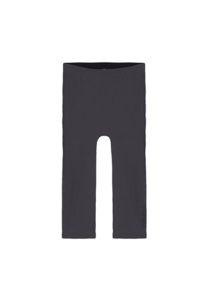 Sorte, mid-length leggings med en glat overflade og elastisk talje. Har et logo trykt på den nedre side.