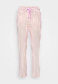 Ljust rosa pyjamasbyt med vertikala ränder i mörkare rosa. Elastisk midja med matchande dragsnöre. Mjuk textur och avslappnad passform.