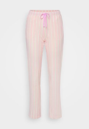 Világos rózsaszín pizsama nadrág függőleges csíkokkal sötétebb rózsaszínben. Rugalmas derék, azonos színű húzózsinórral. Puha tapintás és laza szabás.