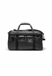 Sac de voyage noir en nylon durable, avec un compartiment principal zippé, une poche latérale, des poignées robustes et un logo discret.