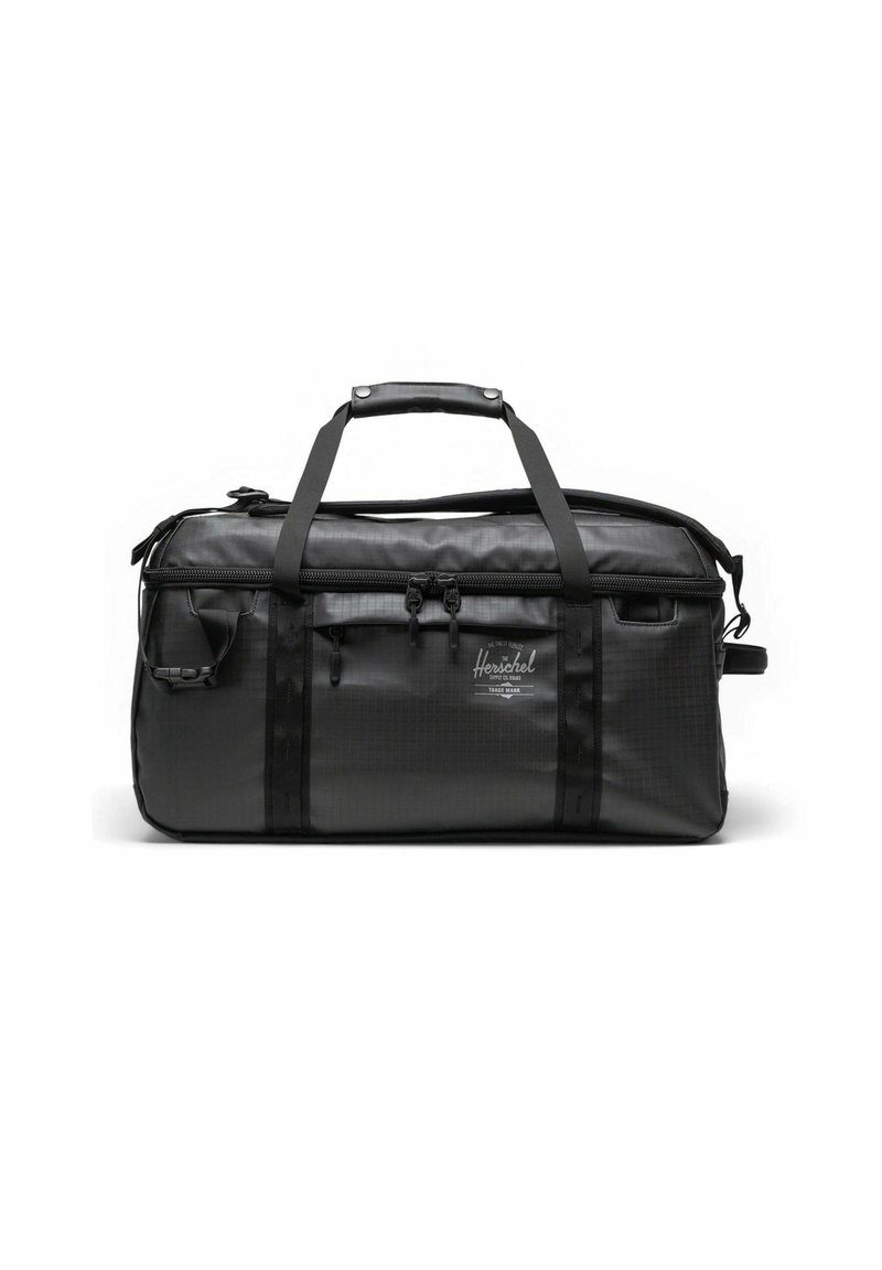 Sac de voyage noir en nylon durable, avec un compartiment principal zippé, une poche latérale, des poignées robustes et un logo discret.