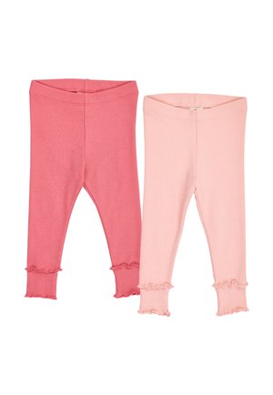 Zwei Paar gerippte gestrickte Baby-Leggings nebeneinander, eines in Dunkelrosa und das andere in Hellrosa, jeweils mit gerafften Säumen.
