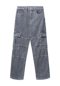 Pantaloni cargo grigi in denim, con molteplici tasche, design a gamba dritta e chiusura con bottoni. Tessuto testurizzato con una finitura sbiadita.