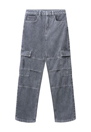 Pantaloni cargo grigi in denim, con molteplici tasche, design a gamba dritta e chiusura con bottoni. Tessuto testurizzato con una finitura sbiadita.