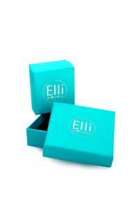 Turkis smykkeboks, firkantet form, med en blank finish. Har hvid tekst "Elli WE ♥ JEWELS" på forsiden. Åben låg viser sort indvendig.