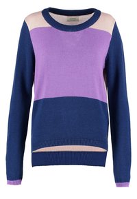 Blue and purple knitted sweater with a crew neck, featuring color-block design and ribbed hem, cuffs, and neck. Textured fabric.