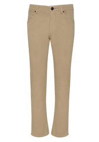 Beige, gerade geschnittene Hose aus einem weichen Baumwoll-Blend-Material. Sie hat einen vorderen Knopf, zwei seitliche Taschen und eine glatte Textur.