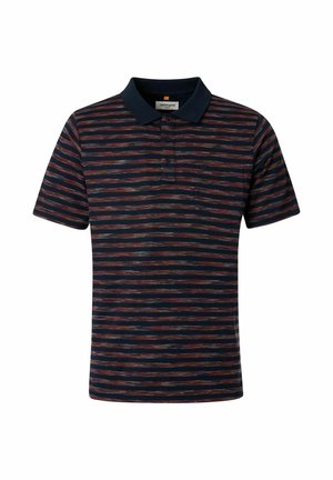 Short-sleeve navy polo shirt with red and gray horizontal stripes, buttoned collar, and a chest pocket.