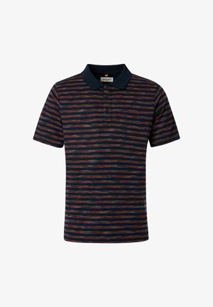 Marineblaues Poloshirt mit kurzen Ärmeln, roten und grauen horizontalen Streifen, geknöpftem Kragen und Brusttasche.