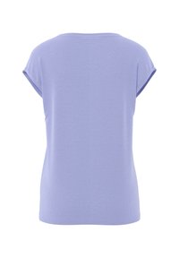 Chemise mauve clair à manches courtes avec des rayures horizontales subtiles, vue de dos sur fond blanc.