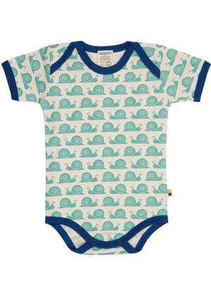 Bodysuit per neonati in cotone con maniche corte, caratterizzato da un motivo a lumaca turchese ripetuto su uno sfondo chiaro. Bordo blu navy e chiusura a scatto.