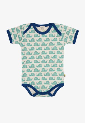 Katoenen baby romper met korte mouwen, voorzien van een herhalend turquoise slakkenpatroon op een lichte achtergrond. Marineblauwe afwerking en drukknoopsluiting.