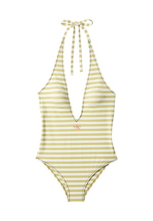 Costum de baie întreg cu dungi orizontale galbene și albe, cu decolteu halter și logo Calvin Klein în centrul din față.