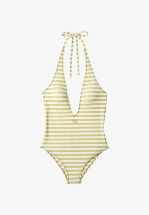 Costum de baie întreg cu dungi orizontale galbene și albe, cu decolteu halter și logo Calvin Klein în centrul din față.