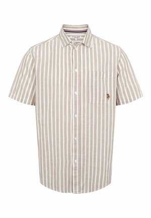 Košeľa s krátkym rukávom, s gombíkmi, v béžových a bielych vertikálnych prúžkoch, má náprsné vrecko a malé vyšívané logo na vrecku.