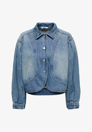 Veste en jean bleu avec boutons sur le devant, coutures en panneaux courbes, manches longues bouffantes et col classique.