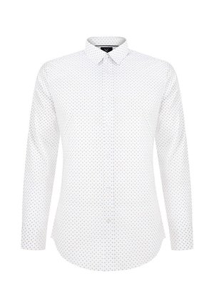 Biała koszula z długim rękawem z powtarzającym się małym wzorem niebieskich i pomarańczowych kropek, z kołnierzykiem zapinanym na guziki i zaokrąglonym dołem. Wykonana z gładkiego materiału.