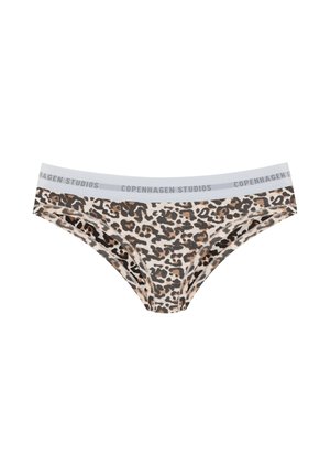Leopard print women's bikini underwear with a white elastic waistband featuring "Copenhagen Studios" text.