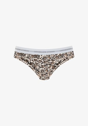 Leopard print women's bikini underwear with a white elastic waistband featuring "Copenhagen Studios" text.