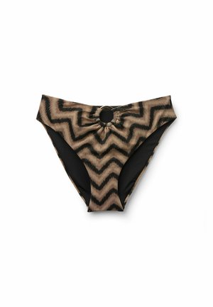 Dół bikini z wysokim stanem, o brązowo-czarnym wzorze w zygzak i z okrągłym wycięciem na środku z przodu.