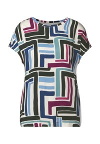 Haut à manches courtes multicolore présentant un motif géométrique audacieux dans des nuances de violet, bleu, vert et noir sur un fond crème.