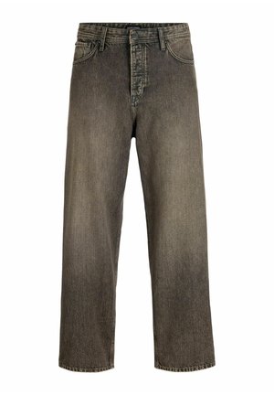 Mørkegrå bredbenede jeans med en falmet finish, fem-lomme design, knaplukning og bæltestropper. Lavet af slidstærkt denimstof.