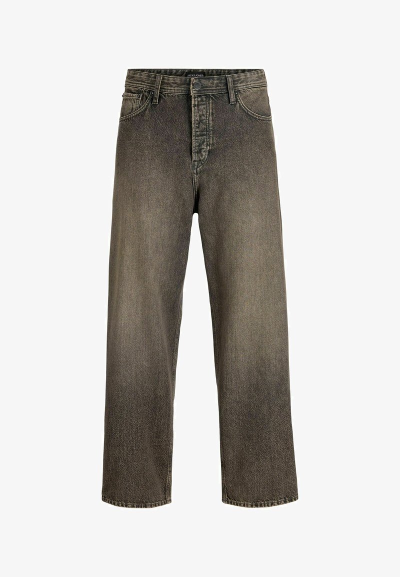 Jeans de perna larga em cinza escuro com um acabamento desgastado, design de cinco bolsos, fecho de botão e passantes para cinto. Feitos de um tecido de denim durável.