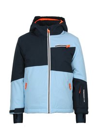 Veste à capuche bleue et marine avec une fermeture éclair avant. Présente des accents orange, une poche sur la poitrine et deux poches latérales zippées. Texture lisse.