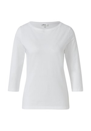 Weißes Langarm-T-Shirt aus Baumwolle mit Rundhalsausschnitt. Glatte Textur, taillierte Form und minimalistisches Design. Keine Muster oder Akzente.