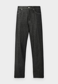 Jeans in denim nero con taglio a gamba dritta, con chiusura frontale a bottoni, cinque tasche e dettagli di cuciture sottili.