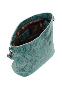 Vihreä tekstiilikuosisekä snake-print handbak, jossa on vetoketjullinen yläosa, sisällä lokeroita ja hopeanvärisiä varusteita.