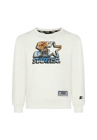 Felpa crema con logo "STARTER" di grandi dimensioni e design di una tigre in diversi colori. Include polsini e orlo a coste. Etichetta nera in basso a sinistra.